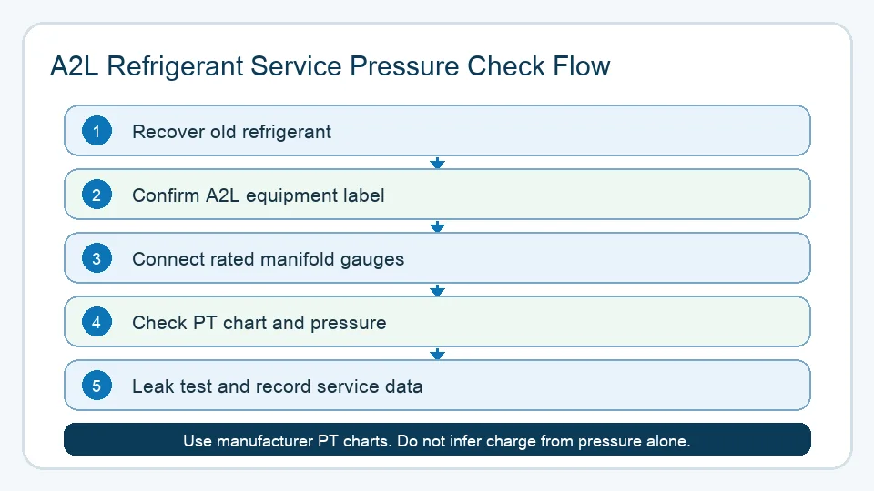 A2L refrigerant service pressure check workflow diagram in English