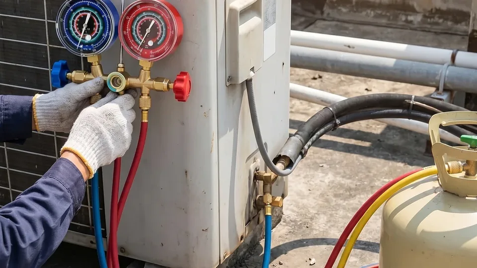 Парные красный и синий коллекторные манометры на сервисных портах HVAC блока