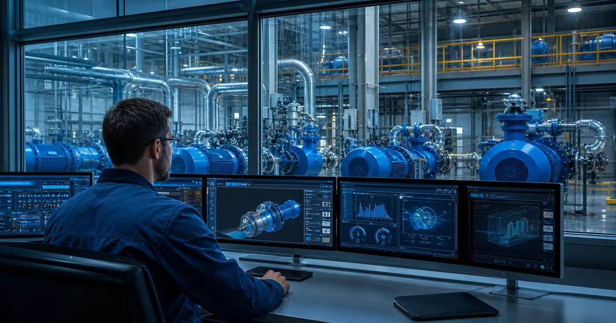 Smart factory control room with pump systems for AI predictive maintenance pressure monitoring