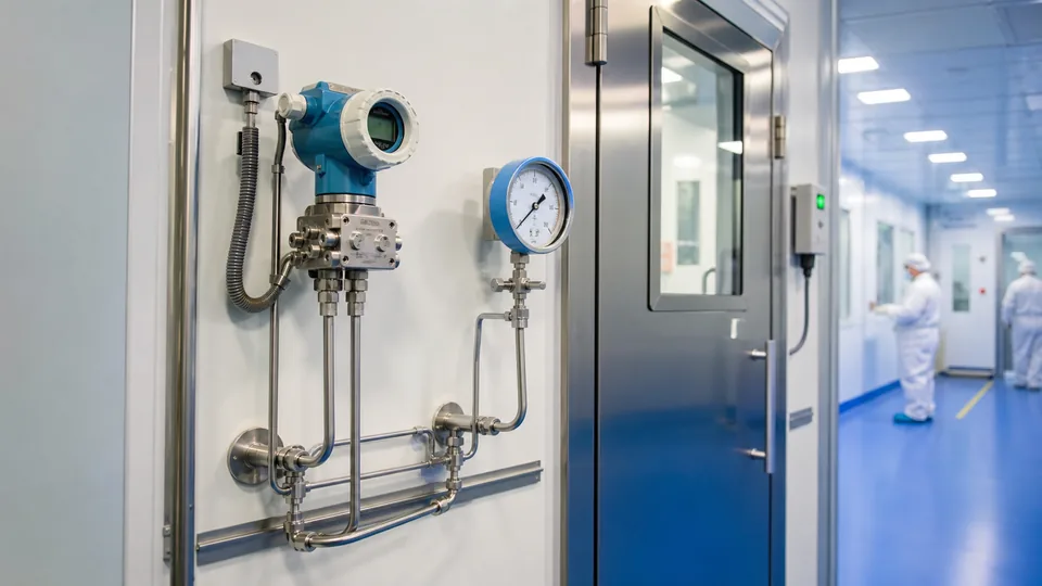Differential pressure transmitter and local DP gauge beside a battery dry room airlock