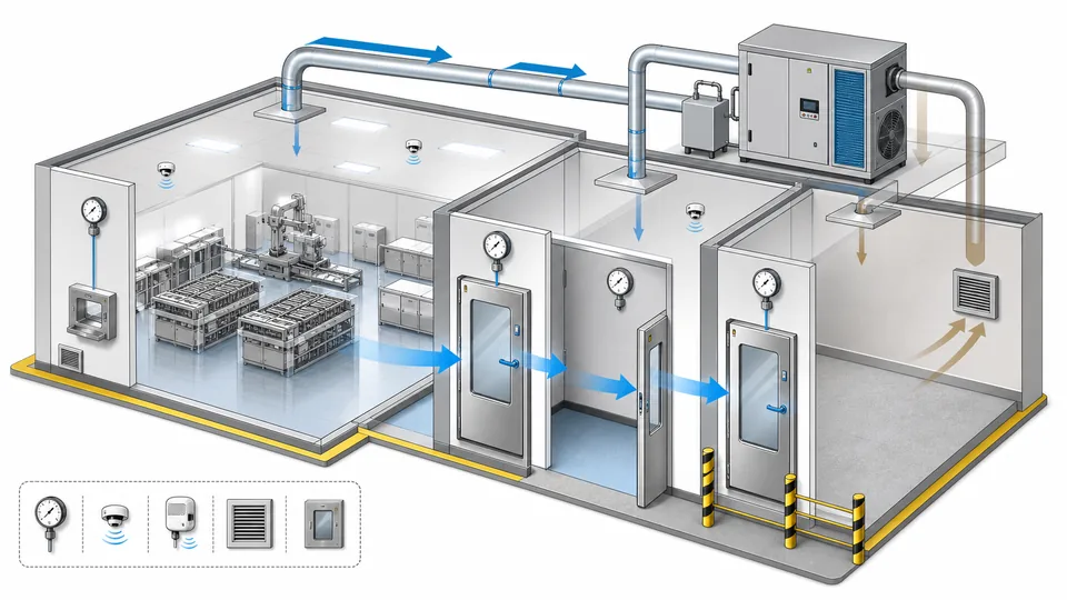 Language-neutral battery dry room pressure cascade diagram with airlock and dehumidifier