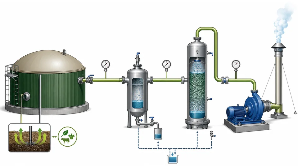 Tren de limpieza de biogás con separación de condensado, tratamiento de H2S, soplador y puntos de presión