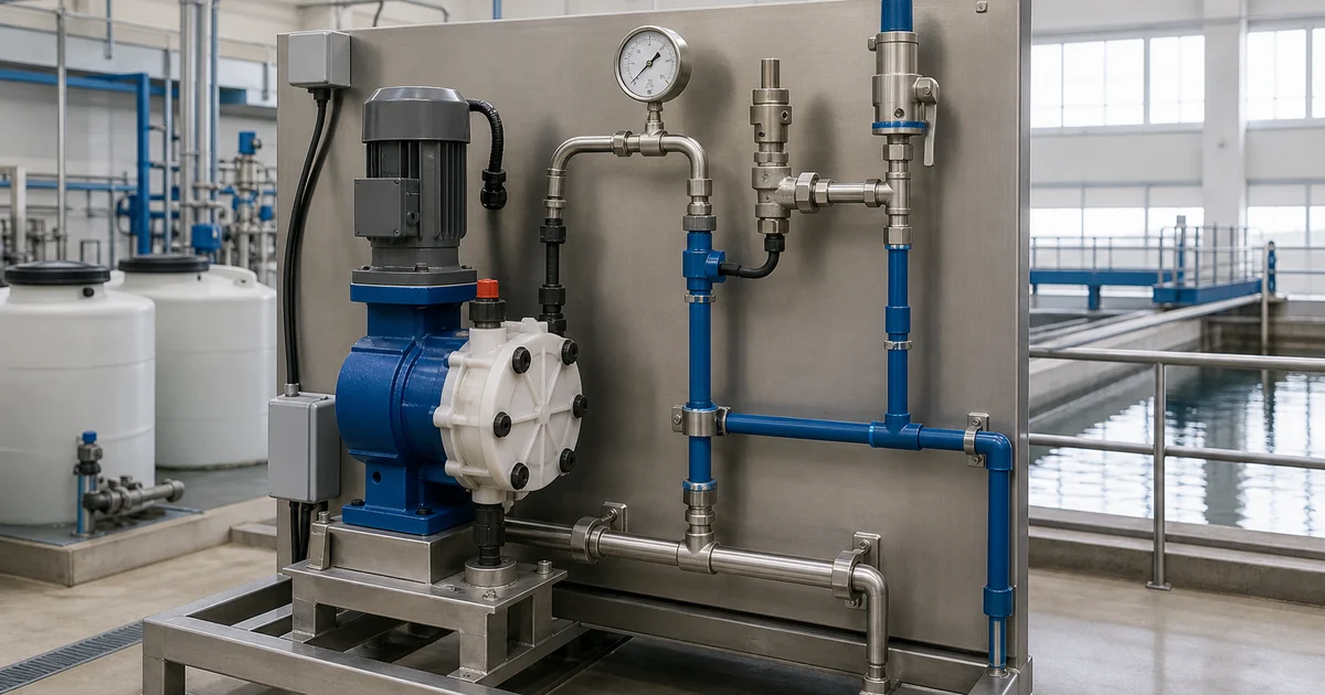 Chemical dosing skid pressure gauge on a water treatment metering pump discharge line