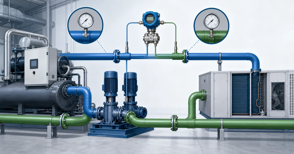مراقبة فرق ضغط المياه المبردة باستخدام مقاييس ضغط ومرسل فرق ضغط في غرفة معدات HVAC