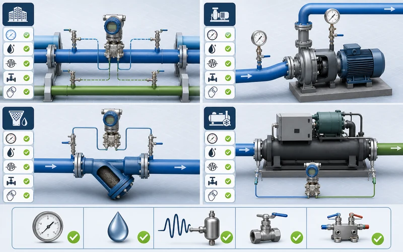 مصفوفة اختيار أدوات ضغط المياه المبردة لأنظمة HVAC تشمل المقاييس والمرسلات وصمامات العزل وفحص النبض