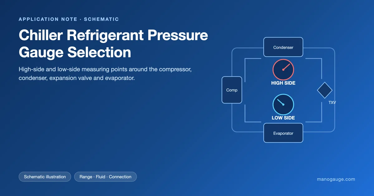 Esquema del circuito de refrigerante de un chiller con los puntos de manómetro de alta y baja presión en compresor, condensador, válvula de expansión y evaporador
