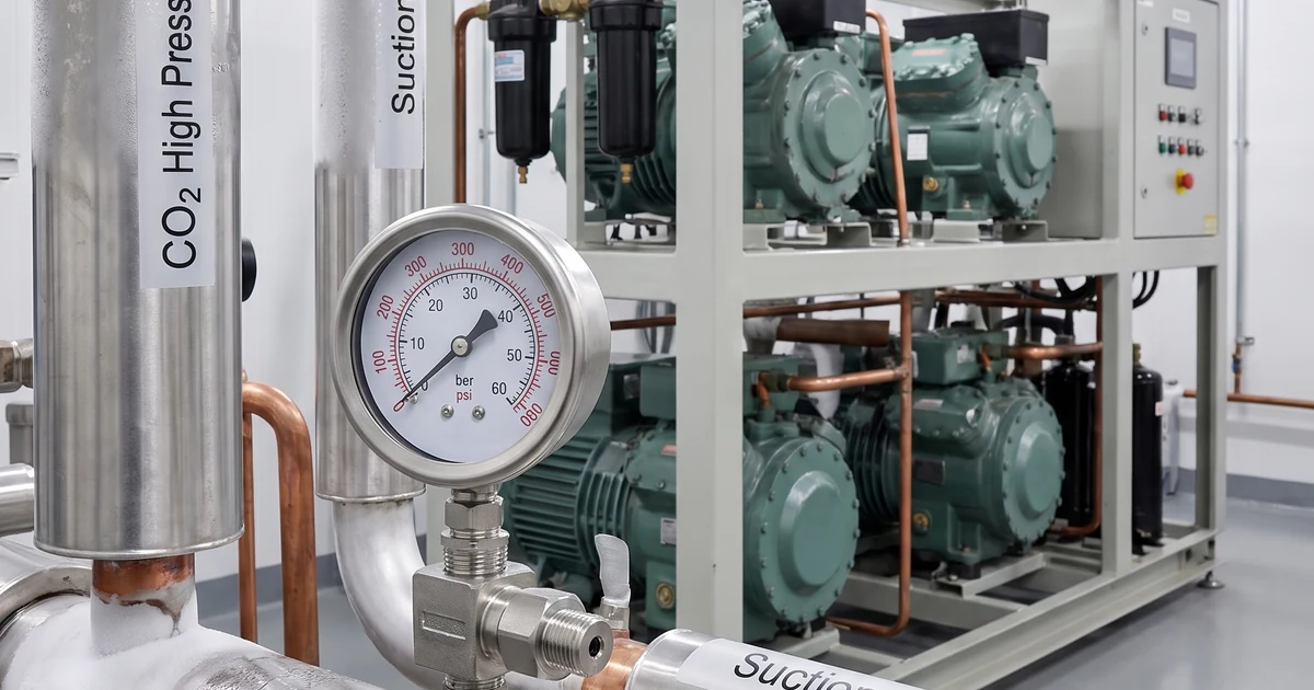 Manómetros de alta presión en un rack de refrigeración transcrítica de CO2 con líneas de alta y de aspiración señalizadas