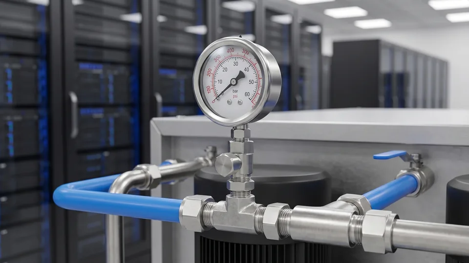 Manômetro analógico em aço inox instalado corretamente em um coletor de fluido de resfriamento CDU