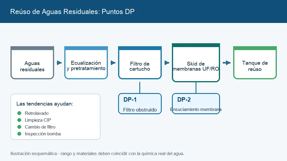 Diagrama de reúso de aguas residuales industriales con puntos de monitoreo DP antes de filtros y membranas