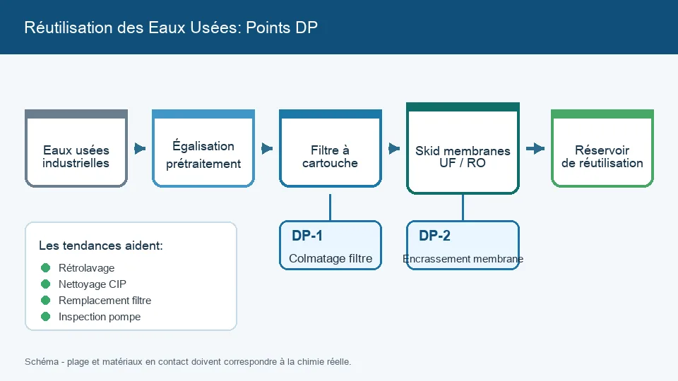 Schéma de réutilisation des eaux usées industrielles avec points de surveillance DP avant filtres et membranes