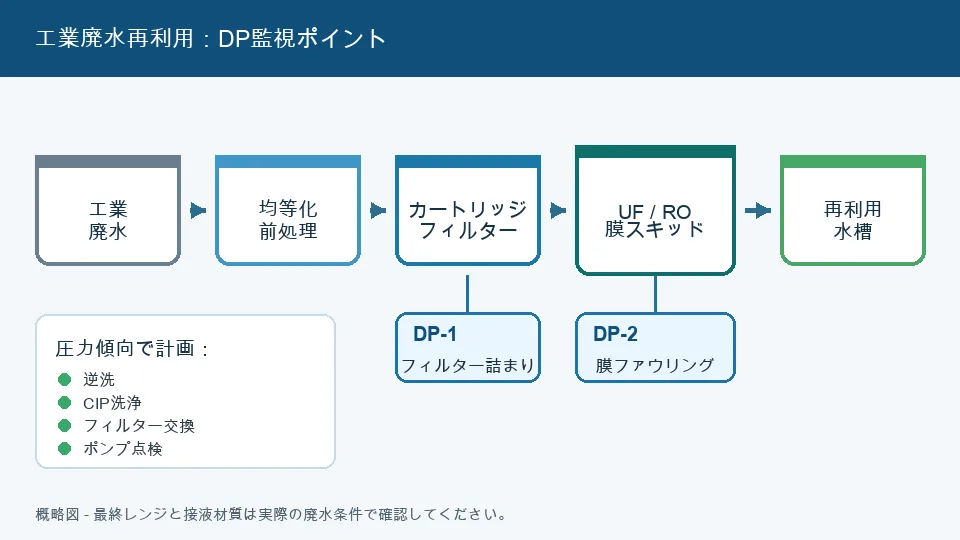 フィルターと膜スキッド前後のDP監視点を示す工業廃水再利用プロセス図