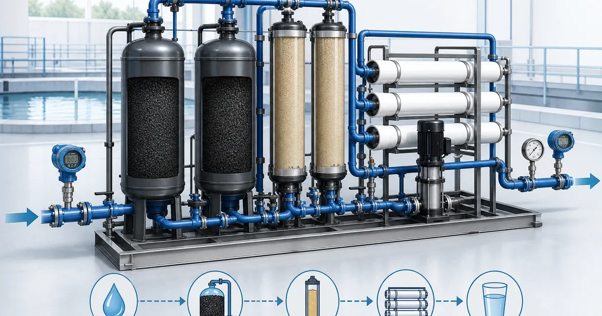 Esquema de monitoramento de pressão em tratamento de água PFAS com GAC, troca iônica, RO e instrumentos