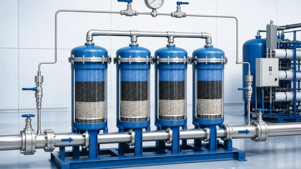 Manômetro diferencial e válvulas de isolamento em filtros de mídia PFAS
