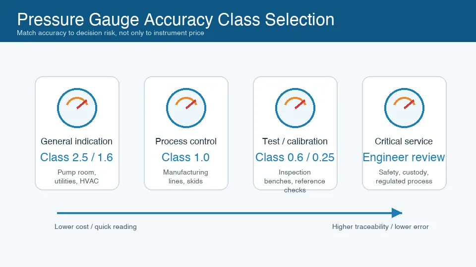 Pressure gauge accuracy class selection chart mapping general indication process control calibration and critical service