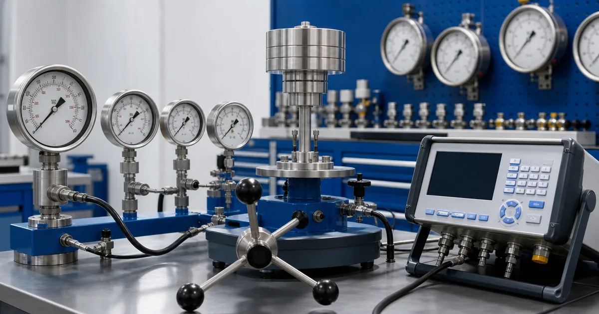 Pressure gauge calibration traceability laboratory with reference standard and test gauges