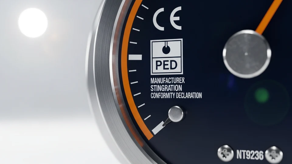 Close-up de um manômetro com marca CE e etiqueta de categoria PED