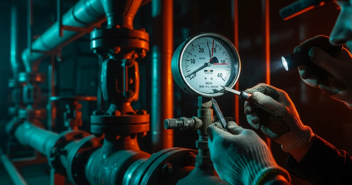 Manômetro industrial em uma tubulação, ilustrando a solução de problemas de falhas em manômetros