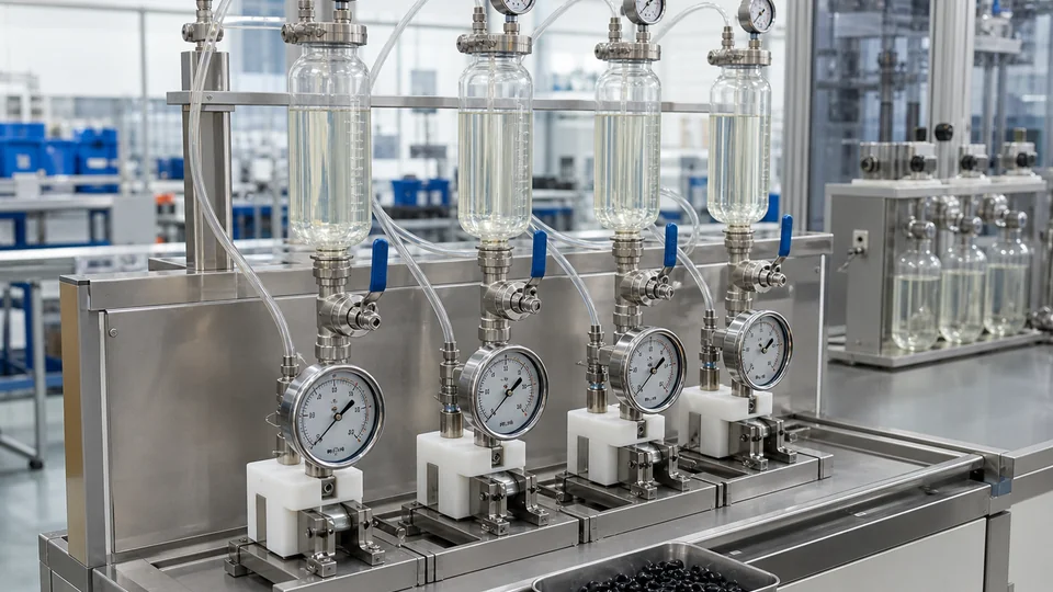 Manogauge工場でグリセリン封入圧力計に充填を行う注液ステーション