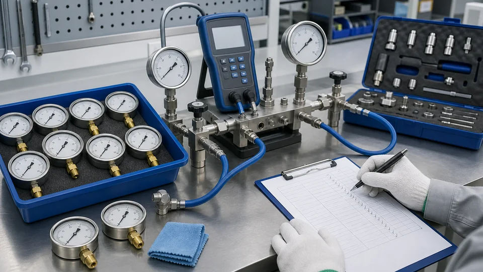Pressure gauge inspection and calibration verification bench