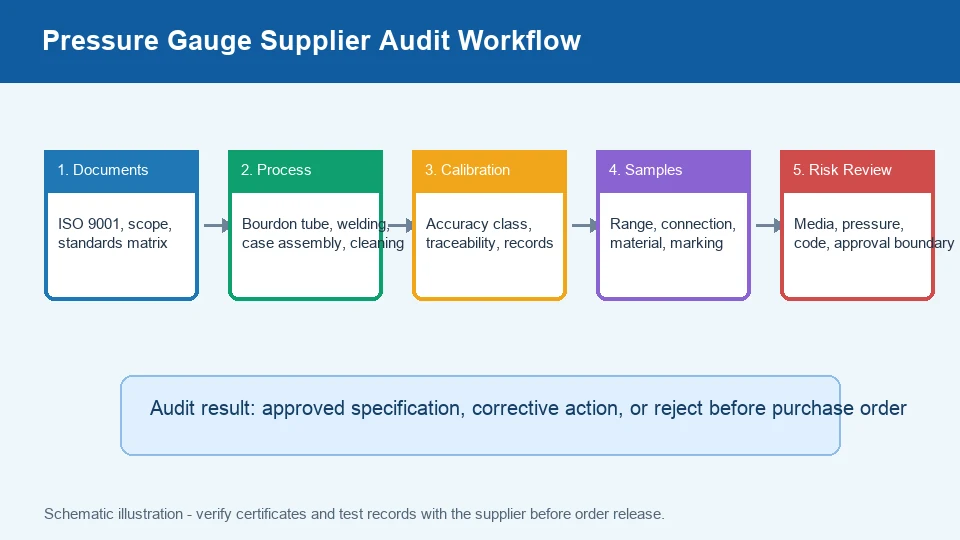 Pressure gauge supplier audit workflow schematic
