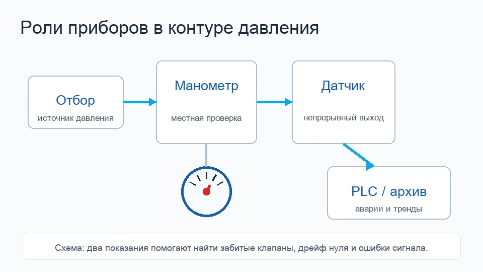 Схема контура давления: отбор, манометр, датчик и PLC архив