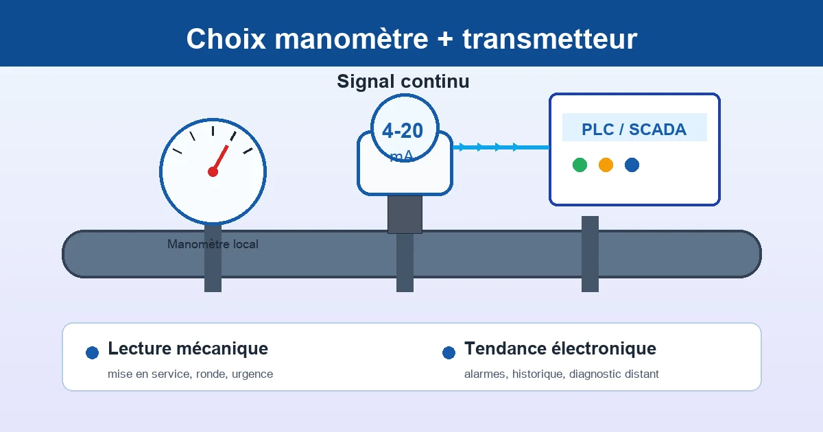 Schéma de choix entre transmetteur de pression et manomètre