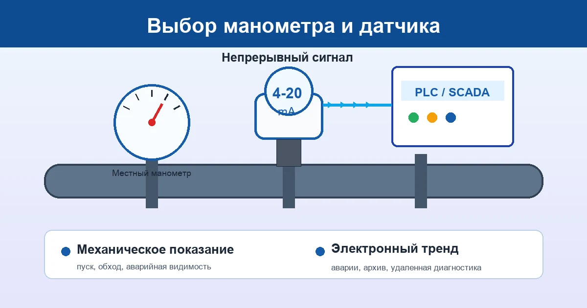 Схема выбора датчика давления и манометра с местной индикацией, сигналом 4-20 мА и PLC