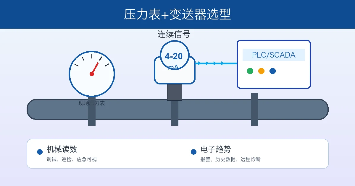 压力变送器与机械压力表选型示意图，包含现场压力表、4-20 mA 变送器和 PLC 信号路径