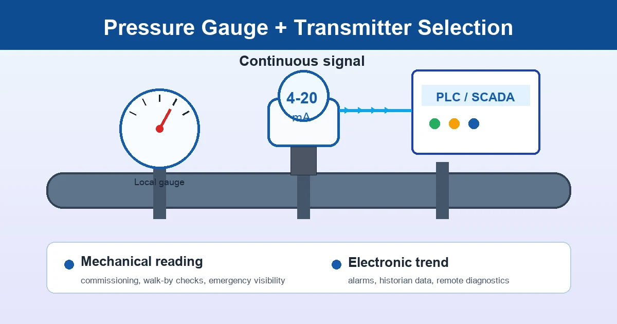 Pressure transmitter vs pressure gauge selection schematic with local gauge, 4-20 mA transmitter and PLC signal path