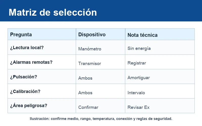 Matriz de selección entre transmisor de presión y manómetro