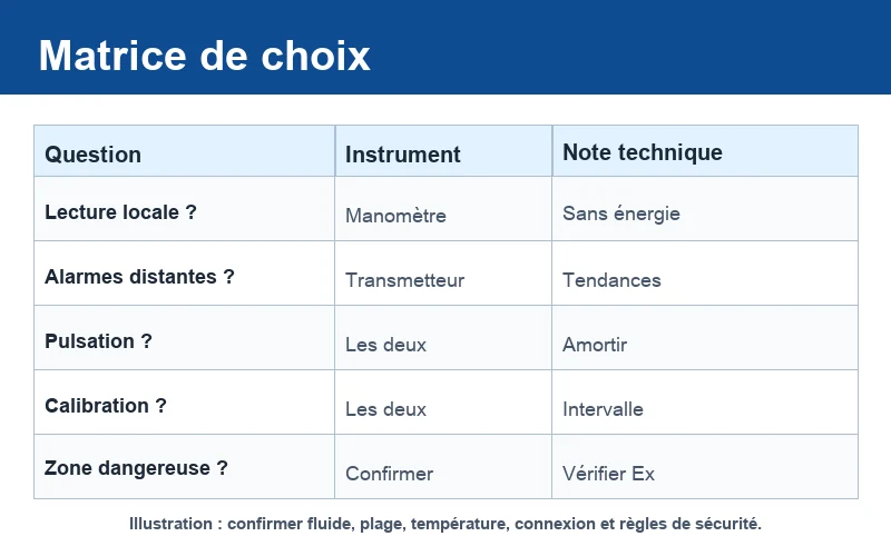 Matrice de choix transmetteur de pression ou manomètre