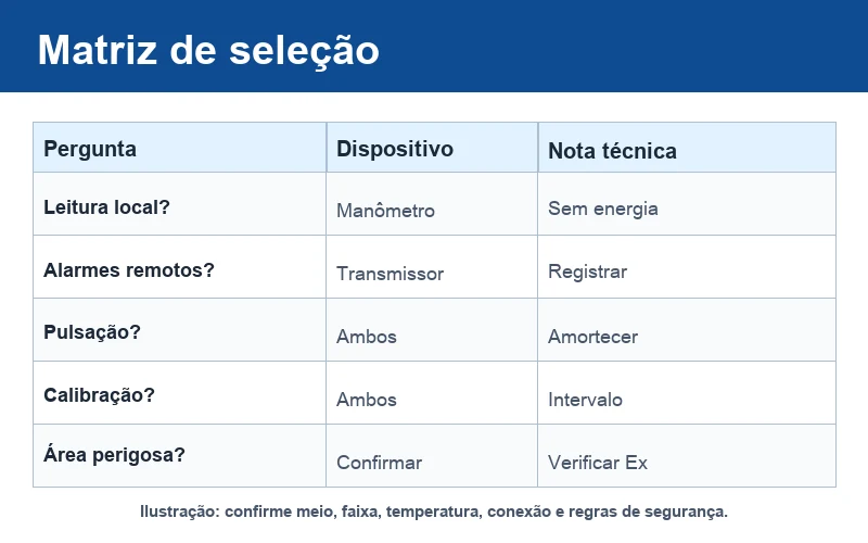 Matriz de seleção entre transmissor de pressão e manômetro