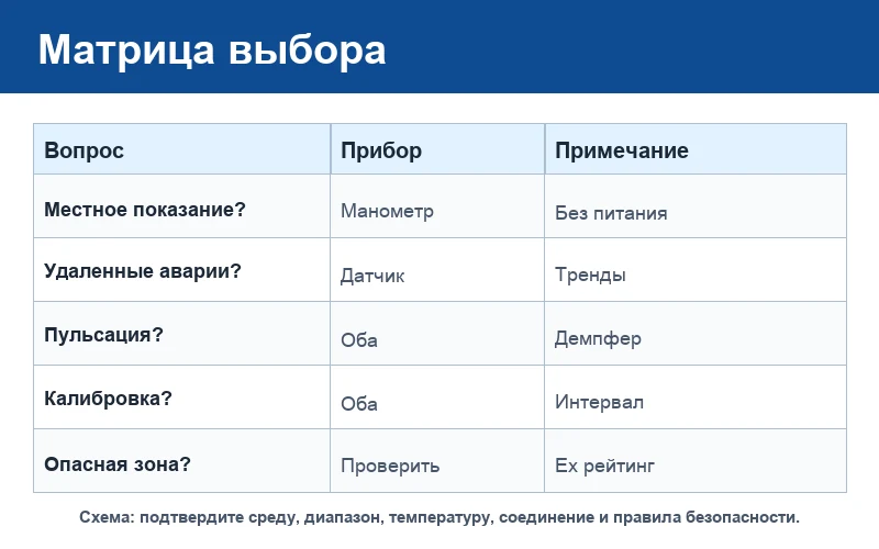Матрица выбора датчика давления и манометра для местной индикации, аварий, вибрации и опасных зон