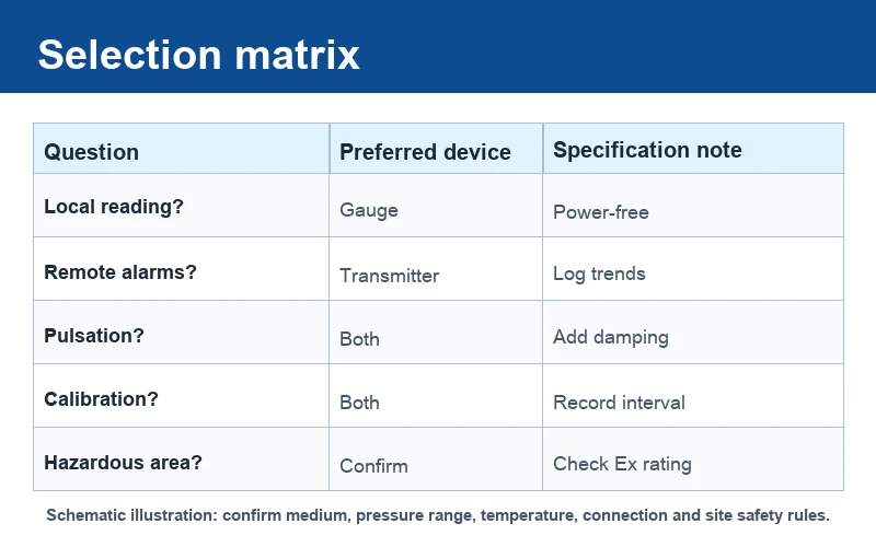 Pressure transmitter vs pressure gauge selection matrix for local visibility, alarms, vibration and hazardous areas