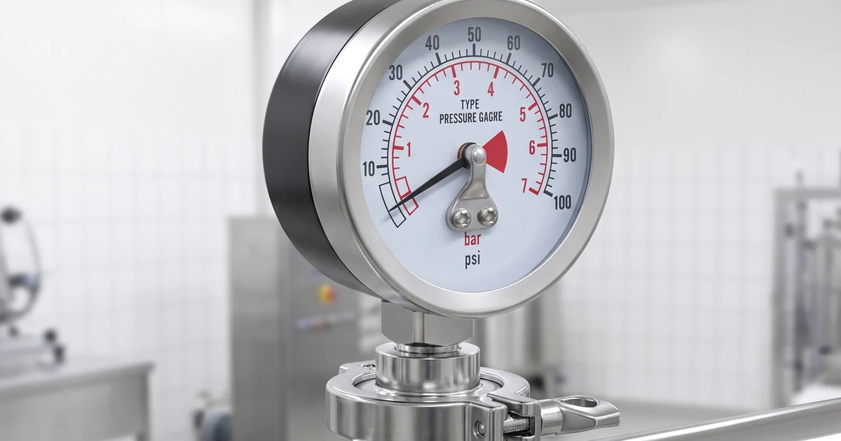 Manómetro sanitario con sello de diafragma Tri-clamp en una línea de proceso de acero inoxidable en una planta alimentaria