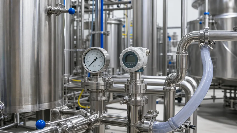 Sanitary diaphragm pressure gauge and transmitter on 316L food beverage CIP piping