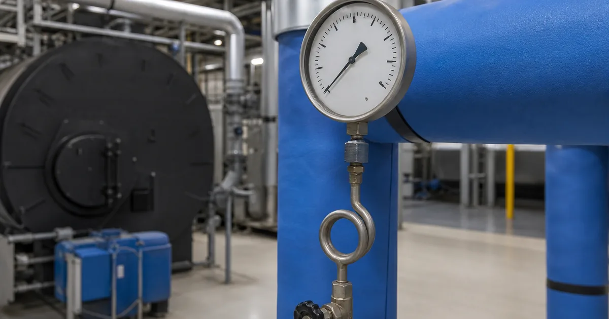 Steam boiler pressure gauge with siphon installed on an insulated steam header