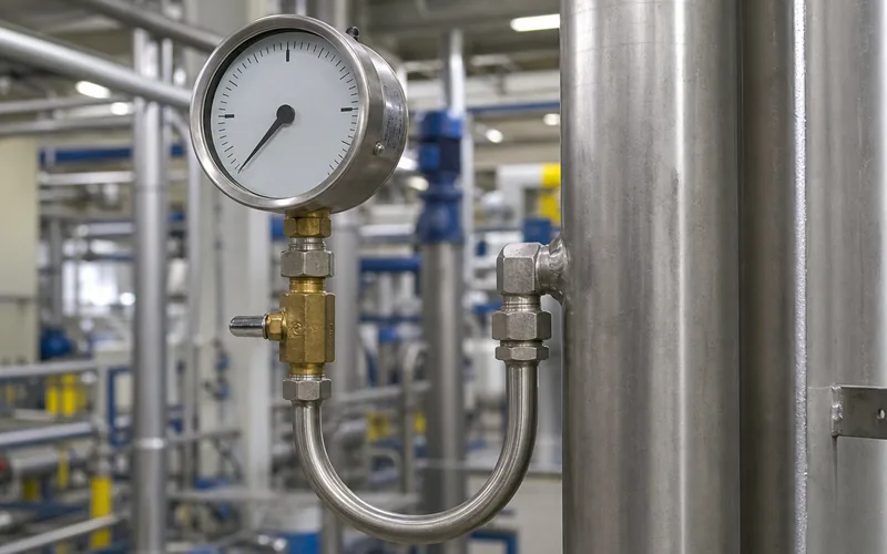 Close view of pressure gauge connected through a U type siphon and gauge cock on steam service