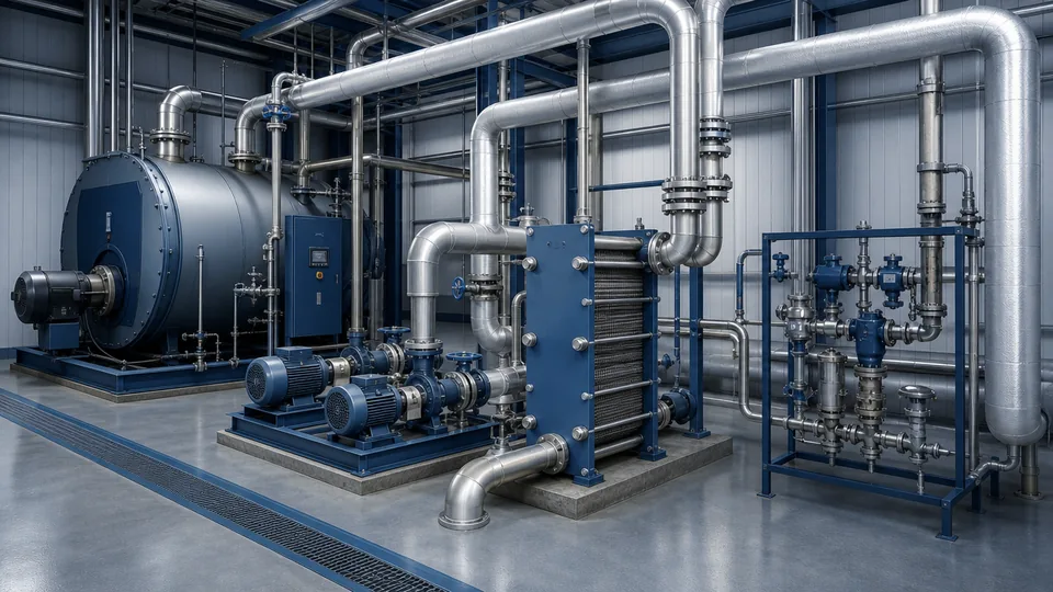 Steam boiler room with feedwater pumps heat exchanger and insulated steam piping
