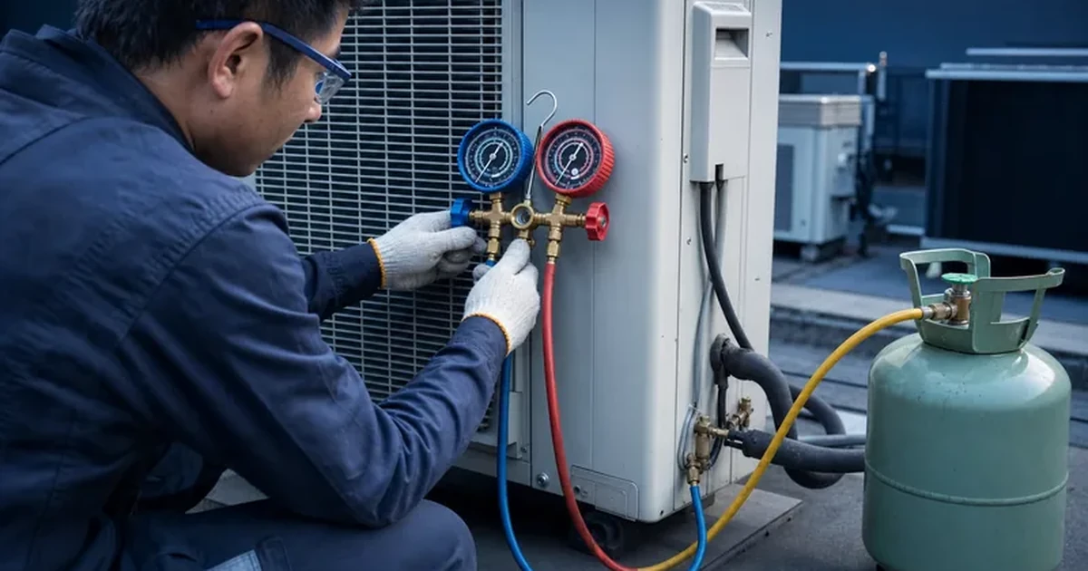 Técnico de climatización conectando un puente de manómetros con esferas compuestas a una unidad condensadora de aire acondicionado