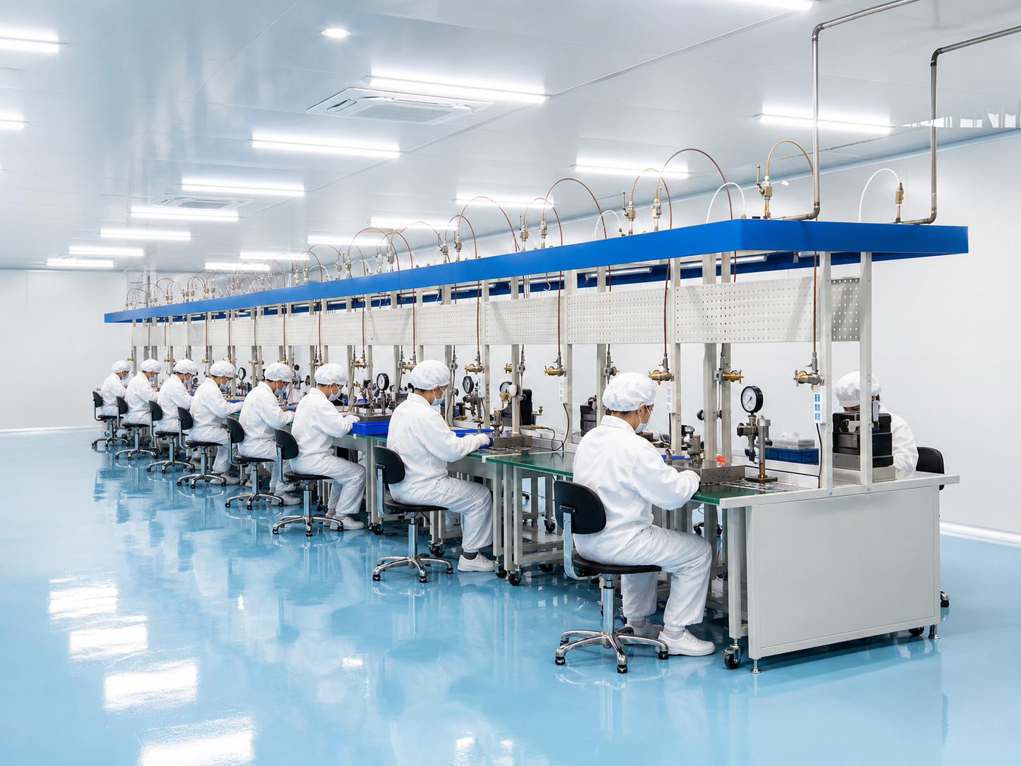 ISO cleanroom environment — full-suit gowning protocols with dedicated cleanroom footwear maintain hydrocarbon-free and low-particulate conditions throughout assembly